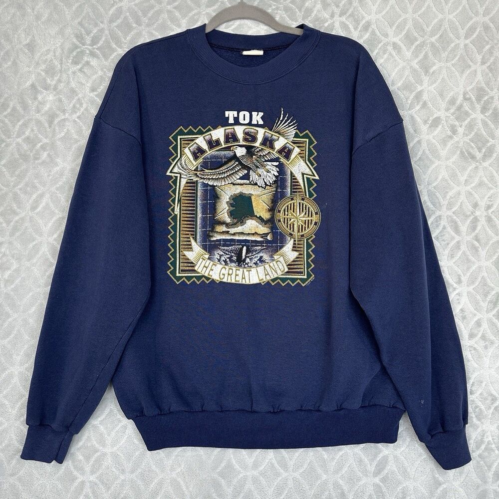 Vtg 90s Tok Alaska Crewneck Sweatshirt XL Blue Bald Eagle Whale Nature Outdoor